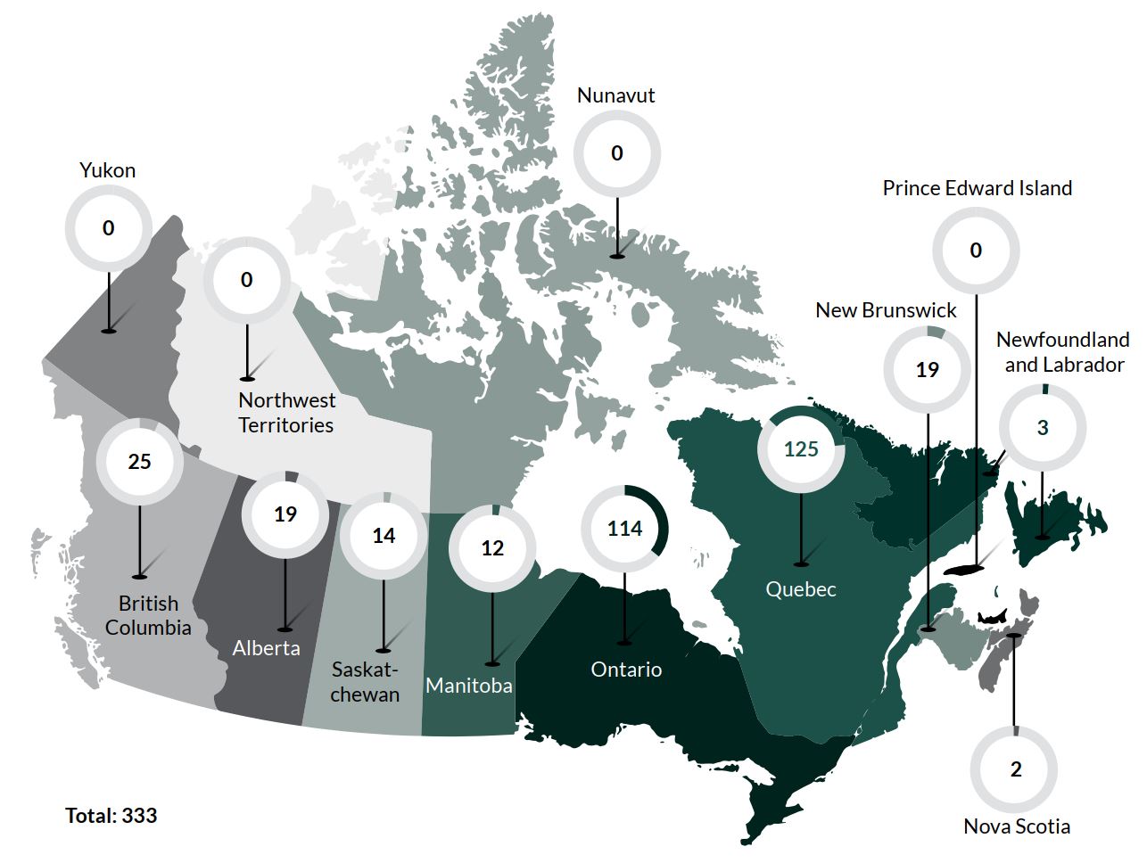 Map of Canada displaying the number of applications by province or territory (excludes files seen more than once)