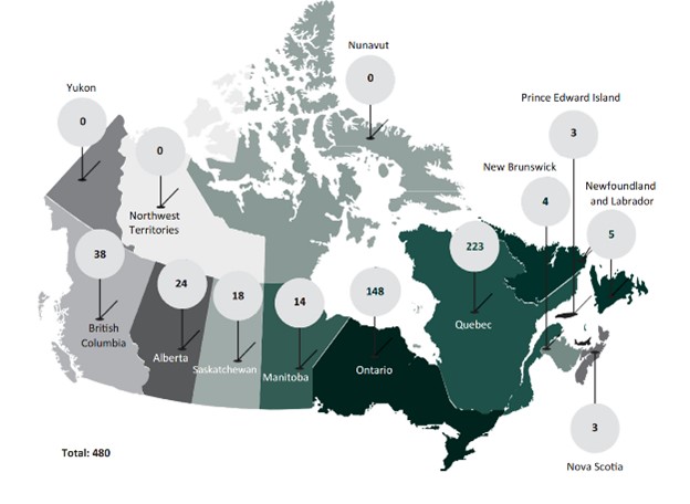 Map of Canada displaying the number of applications by province or territory
